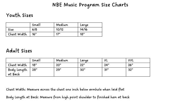 NBE Music Program Size Chart Picture