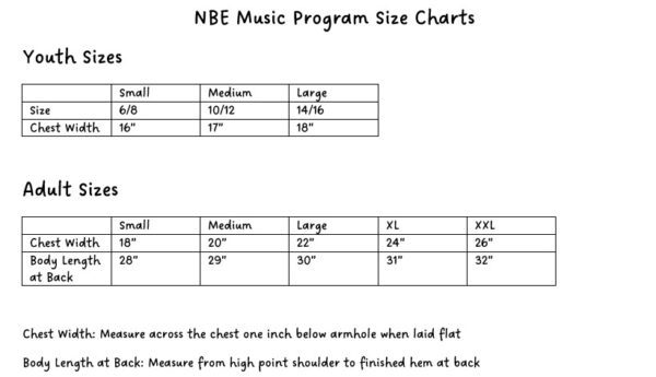 NBE Music Program Size Chart Image