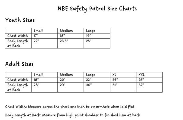 Picture of the Safety Patrol Size Chart
