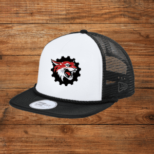 Black and white trucker hat with a fierce red and black gorilla logo.