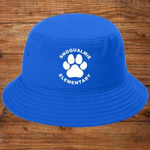 Blue bucket hat with paw print logo.