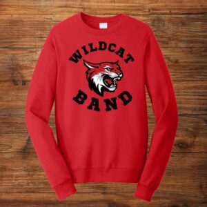 Red sweatshirt with Wildcat Band mascot design
