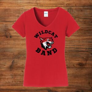 Red V-neck tee with Wildcat Band mascot