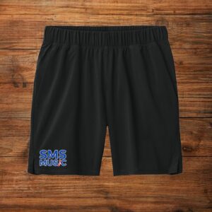 Black athletic shorts with SMS Music logo