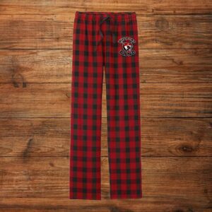 Red and black plaid lounge pants with logo