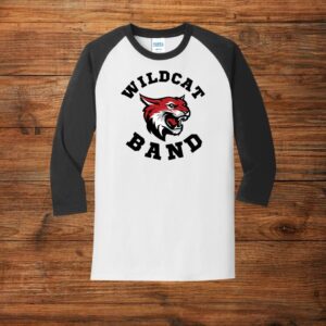 White raglan featuring Wildcat Band mascot