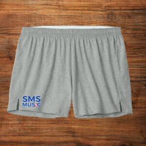 Gray athletic shorts with SMS Music logo