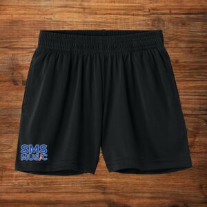 Black youth athletic shorts with SMS Music logo